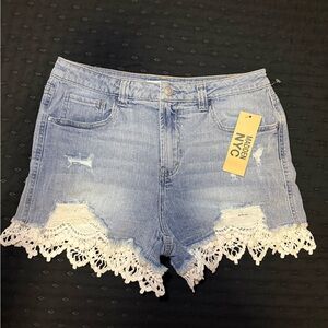 Madden NYC Women's Light Blue Denim Shorts with Lace Hem
